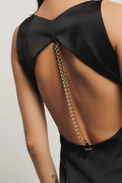 Abiti^Gaëlle Abito lungo con schiena nuda e catena in raso • - Paris Nero
