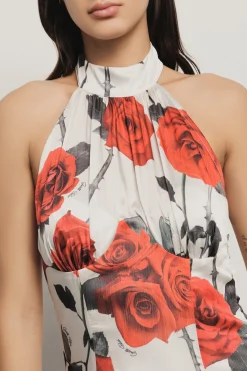 Abiti^Gaëlle Abito lungo scollo halter in raso creponne • - Paris Rose rosse