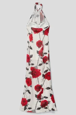 Abiti^Gaëlle Abito lungo scollo halter in raso creponne • - Paris Rose rosse