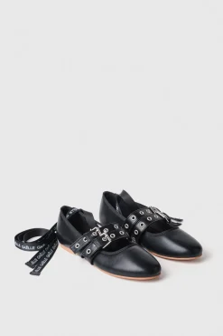 Ballerine^Gaëlle Ballerina flat in ecopelle con allacciatura in gros logato • - Paris Nero