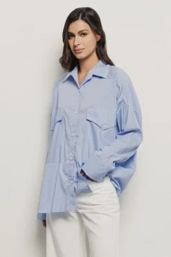 Camicie^Gaëlle Camicia over con tasche in popeline vichy strass • - Paris Azzurro
