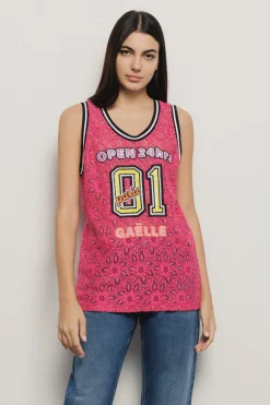 T-Shirt^Gaëlle Canotta in pizzo con smanicato e ricamo • - Paris Fucsia
