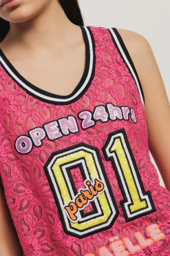 T-Shirt^Gaëlle Canotta in pizzo con smanicato e ricamo • - Paris Fucsia