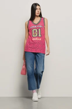 T-Shirt^Gaëlle Canotta in pizzo con smanicato e ricamo • - Paris Fucsia