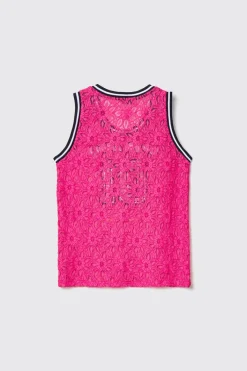 T-Shirt^Gaëlle Canotta in pizzo con smanicato e ricamo • - Paris Fucsia
