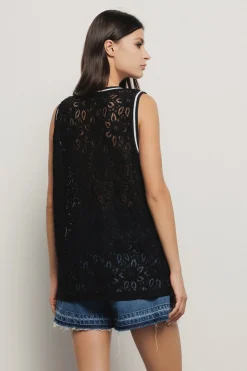 T-Shirt^Gaëlle Canotta in pizzo con smanicato e ricamo • - Paris Nero