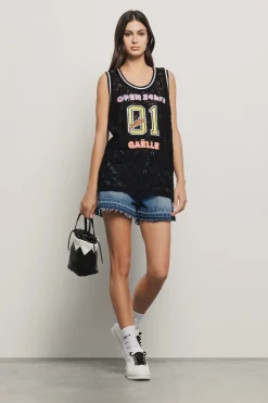 T-Shirt^Gaëlle Canotta in pizzo con smanicato e ricamo • - Paris Nero