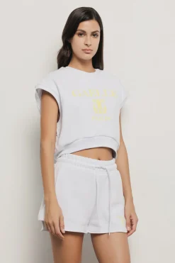Felpe^Gaëlle Felpa crop paricollo smanicata con dettaglio raglan e stampa • - Paris Bianco