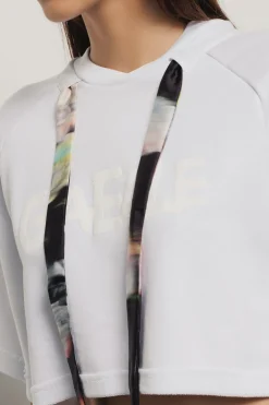 Felpe^Gaëlle Felpa paricollo mezza manica crop raglan con laccio fantasia e stampa • - Paris Bianco