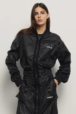Capispalla^Gaëlle Giubbino nylon cropped zippato con smacchinato su polsi e stampa • - Paris Nero
