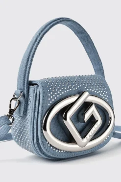 Borse A Mano|Borse Mini^Gaëlle Mini shoulder strap denim con strass e applicazione maxi g • - Paris Blu