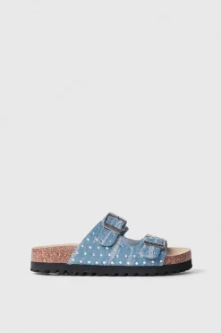 Sandali^Gaëlle Sandalo aperto in denim due fasce con strass • - Paris Denim light blu