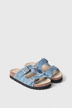 Sandali^Gaëlle Sandalo aperto in denim due fasce con strass • - Paris Denim light blu