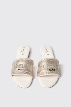 Sandali^Gaëlle Sandalo flat in cotone con strass e logo ricamato • - Paris Oro