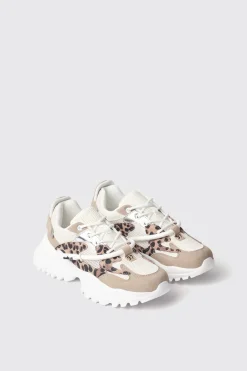 Sneakers^Gaëlle Sneakers runner in mesh con stopper logato in rubber e inserti animalier • - Paris Animalier beige