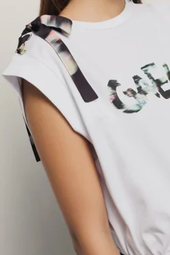 T-Shirt^Gaëlle T shirt in jersey paricollo smanicata con dettaglio spalla con stampa • - Paris Bianco