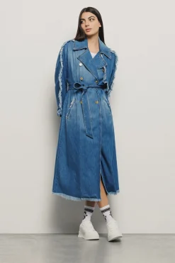 Denim|Capispalla^Gaëlle Trench lungo doppiopetto con frange in denim • - Paris Blu