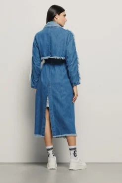 Denim|Capispalla^Gaëlle Trench lungo doppiopetto con frange in denim • - Paris Blu