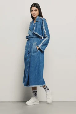 Denim|Capispalla^Gaëlle Trench lungo doppiopetto con frange in denim • - Paris Blu