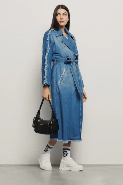 Denim|Capispalla^Gaëlle Trench lungo doppiopetto con frange in denim • - Paris Blu