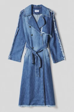 Denim|Capispalla^Gaëlle Trench lungo doppiopetto con frange in denim • - Paris Blu