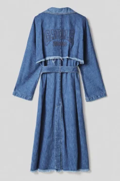 Denim|Capispalla^Gaëlle Trench lungo doppiopetto con frange in denim • - Paris Blu
