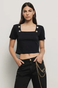 T-Shirt^Gaëlle T-shirt crop con dettaglio scollo quadrato con bottoni oro logati • - Paris Nero