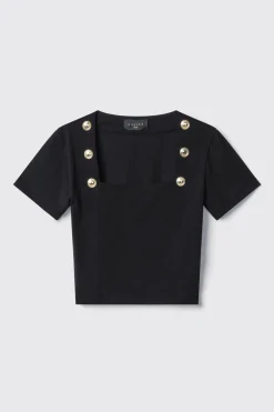 T-Shirt^Gaëlle T-shirt crop con dettaglio scollo quadrato con bottoni oro logati • - Paris Nero