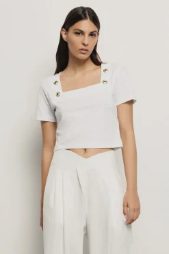 T-Shirt^Gaëlle T-shirt crop con dettaglio scollo quadrato con bottoni oro logati • - Paris Bianco