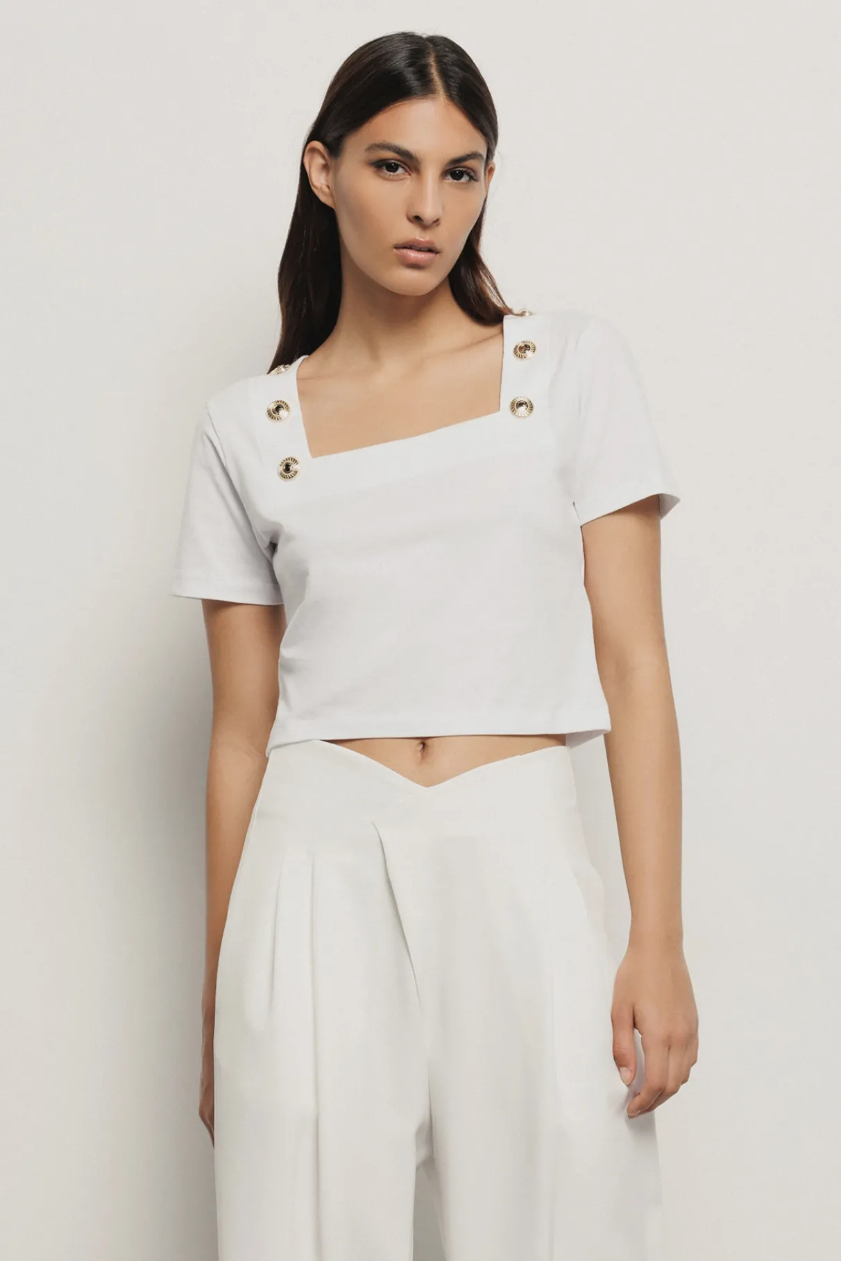 T-Shirt^Gaëlle T-shirt crop con dettaglio scollo quadrato con bottoni oro logati • - Paris Bianco