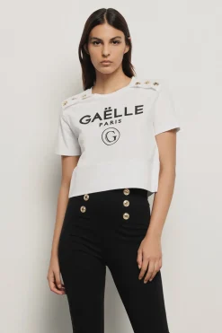 T-Shirt^Gaëlle T-shirt crop paricollo in bielastico con stampa e bottoni oro logati • - Paris Bianco