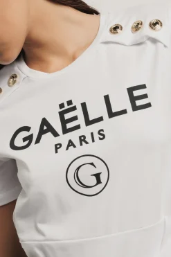 T-Shirt^Gaëlle T-shirt crop paricollo in bielastico con stampa e bottoni oro logati • - Paris Bianco