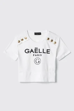 T-Shirt^Gaëlle T-shirt crop paricollo in bielastico con stampa e bottoni oro logati • - Paris Bianco