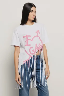 T-Shirt^Gaëlle T-shirt lunga girocollo con fondo laserato a frange e stampato • - Paris Bianco