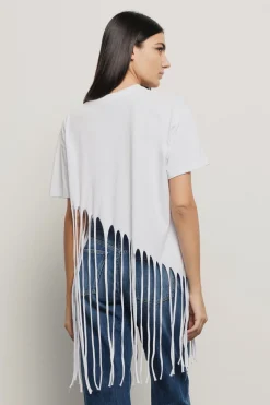 T-Shirt^Gaëlle T-shirt lunga girocollo con fondo laserato a frange e stampato • - Paris Bianco