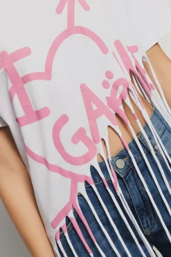 T-Shirt^Gaëlle T-shirt lunga girocollo con fondo laserato a frange e stampato • - Paris Bianco