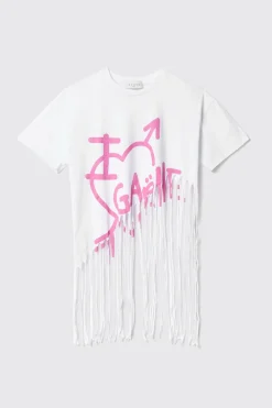 T-Shirt^Gaëlle T-shirt lunga girocollo con fondo laserato a frange e stampato • - Paris Bianco