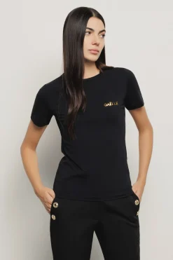 T-Shirt^Gaëlle T-shirt paricollo in bielastico con logo oro lato cuore • - Paris Nero