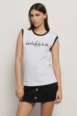 T-Shirt^Gaëlle T-shirt parocollo smanicata con logo stampa e bottoni logati oro • - Paris Bianco